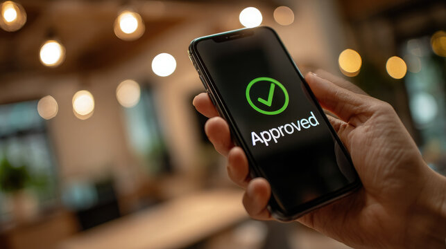 hand holding smartphone with text "Approved" and green check mark on screen, loan approval, online bank, remote opening of loan or deposit, application approval