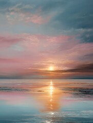 Obraz premium soft seascape with pale pink sky reflecting on calm waters with golden sunset