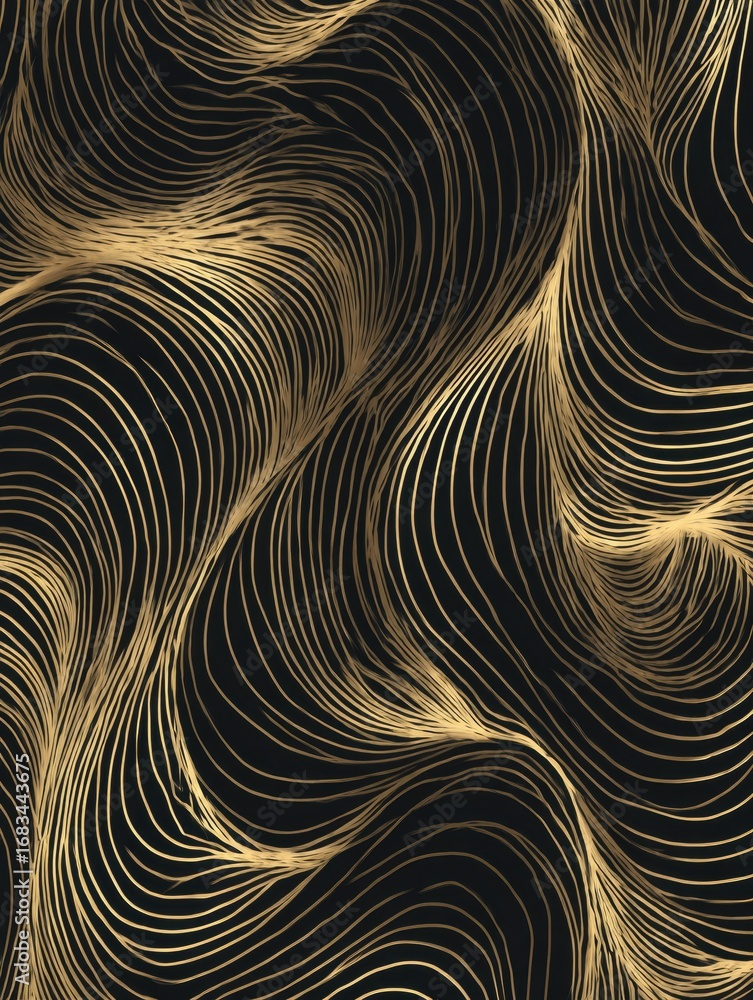 Poster dynamic gold lines flow across a black background, creating an abstract wave pattern that adds a tou