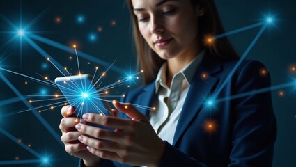 A woman in a suit uses a smartphone, with glowing digital connections around it.