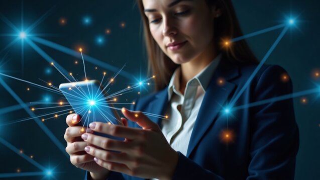 A woman in a suit uses a smartphone, with glowing digital connections around it. - Powered by Adobe