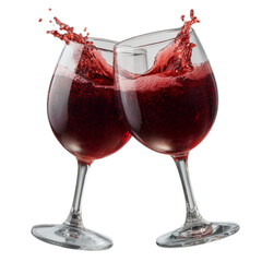 Photo of two glasses of red wine clinking together with splashes isolated on transparent background