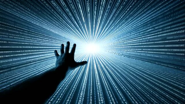 Arm reaches towards bright light at end of corridor made of binary code