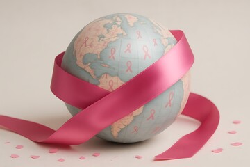 Pink ribbon wrapped around the earth symbolizing global health awareness