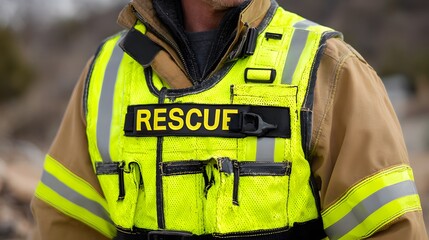 Emergency Responder Vest - A bright yellow vest with the word "RESCUE" printed, worn by a firefighter or paramedic during a rescue operation.