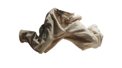 A pair of light beige linen pants, draped and floating against a black background.  The fabric appears soft and textured, with subtle folds and wrinkles.  The pants are isolated from the background