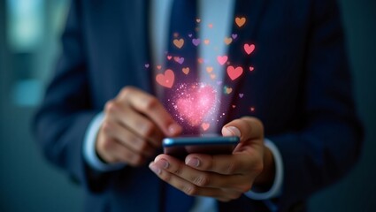 A person in a suit uses a smartphone, with colorful heart icons floating above it.