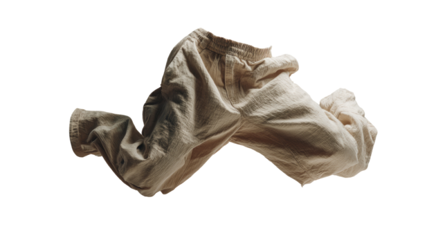 A pair of light beige linen pants, draped and floating against a black background.  The fabric appears soft and textured, with subtle folds and wrinkles.  The pants are isolated from the background