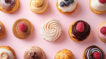 A colorful array of cupcakes with various toppings and fillings on a pink background.