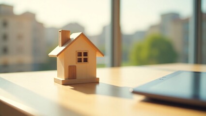 A small wooden house model and a laptop on a table, with a city view through the window.