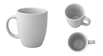 Three white ceramic mugs on a black background on transparent background