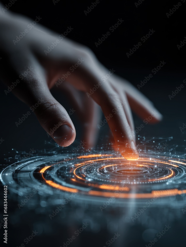 Poster hand interacting with futuristic holographic user interface featuring neon glowing design and scifi 