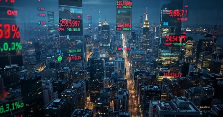 Fading in digital stock ticker panels over aerial skyline at dusk, displaying market fluctuations - Powered by Adobe