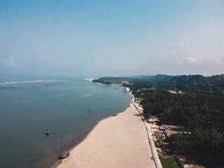 Aerial view of coxs bazar longest sea beach.Marine Drive aerial shot from top with boats.Drone shot...