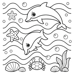 Obraz premium Black Silhouette of Happy Cartoon Fish and Coral Kids Underwater Adventure Coloring Page