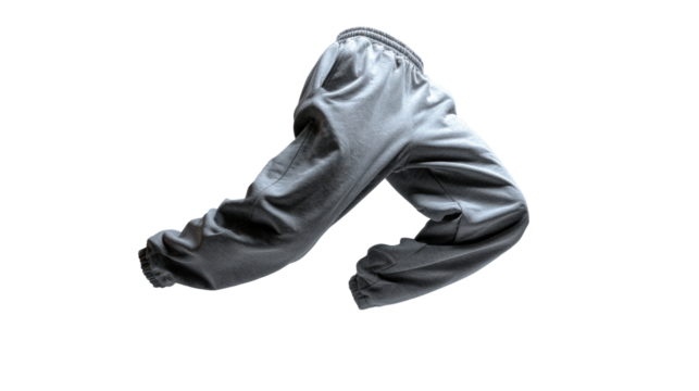 Light gray sweatpants in mid-air, dynamic pose