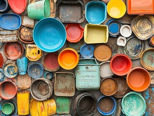 Colorful assortment of dishware : A high-angle view showcases a diverse array of bowls and dishes arranged, evoking an atmosphere of abundance and an intriguing design.