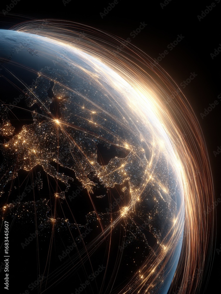 Aufkleber global connection the earth illuminated by lines of light symbolizes the worlds interconnectedness h