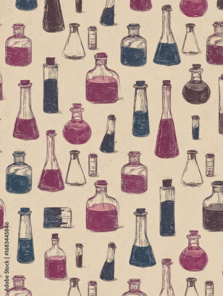 Poster array of laboratory glassware including flasks, beakers, and test tubes in multiple colors arranged 