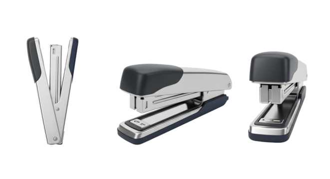 Three views of a silver and gray stapler on transparent background - Powered by Adobe