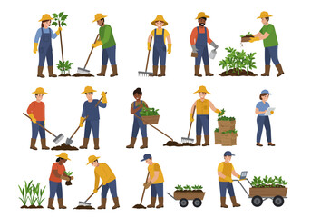 Farmers in various roles planting raking harvesting and using technology
