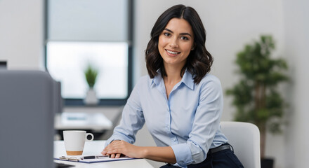 A friendly, confident professional woman sits at her desk in a modern office, smiling warmly while ready to start her workday.