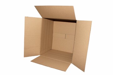 Cardboard box. Square cardboard box, empty inside with open sides, for storing and transporting property on a white background