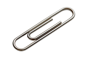 Close-up of a metallic paperclip.  A single, silver-toned paperclip,  positioned diagonally, is sharply focused against a plain black background.  The smooth metal curves and loops are visible