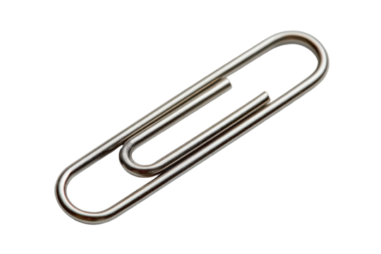 Close-up of a metallic paperclip.  A single, silver-toned paperclip,  positioned diagonally, is sharply focused against a plain black background.  The smooth metal curves and loops are visible