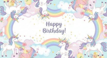 Pastel unicorn rainbow birthday background