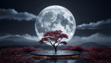Serene tree stands under a luminous full moon in a mystical night landscape.