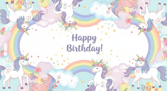 Pastel unicorn rainbow birthday background
