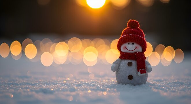 Banner de fondo navide&ntilde;o de vacaciones de invierno - Primer plano de un lindo mu&ntilde;eco de nieve risue&ntilde;o con sombrero de lana y bufanda, en nieve nieve nieve con luces bokeh, iluminadas por el sol (IA ge