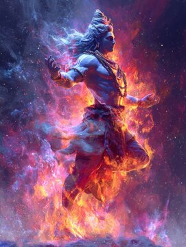 digital illustration of hindu god shiva divine deity in flames cosmic energy spiritual power mystical concept art painting with dynamic colours universe faith belief