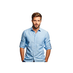 Fototapeta premium Handsome man wearing a light blue buttondown shirt, isolated on transparent background