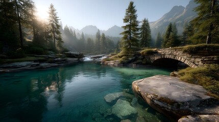 tranquil mountain river with ancient stone bridge surrounded by lush forest and majestic peaks at sunrise, digital painting