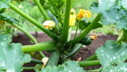 Fototapeta premium Zucchini plant with blossoms and young fruits