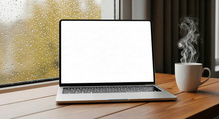 Laptop screen mockup blank on a desk by a rainy window with a steaming mug for a cozy work from home concept