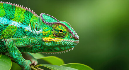 Obraz premium A macro shot of a vibrant chameleon changing colors while sitting on a tree branch