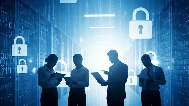 Cybersecurity Team Inspecting Data Servers: Protecting Information with Encryption and Digital Security Solutions in a Secure Data Center