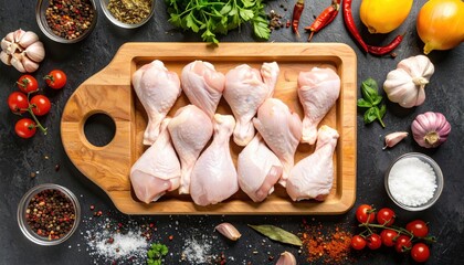 Raw Chicken Drumsticks and Ingredients on Cutting Board