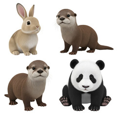 Fototapeta premium Cute cartoon bunny otter and panda animals on black background rabbit isolated on a transparent background