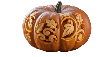 Intricately carved pumpkin with floral and leaf patterns.