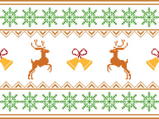 A festive Christmas pixel art border with reindeer, bells, and snowflakes. Perfect for holiday-themed textiles and digital borders,embroidery,wallpapers.