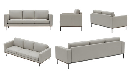 Multiple views of a light gray three-seat sofa with metal legs on transparent background