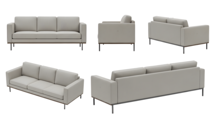 Multiple views of a light gray three-seat sofa with metal legs on transparent background