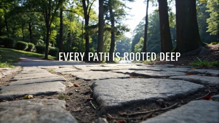 Stone pathway surrounded by lush green trees in tranquil park setting