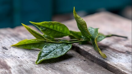 Close-up of fresh tea leaves on a rustic wooden surface, bathed in soft natural light with a blurred background.