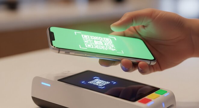 A realistic close-up scene of a hand making a digital payment using a smartphone. The phone screen displays a glowing QR code being scanned at a modern wireless payment terminal. 