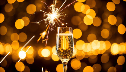 Sparkling Champagne Glass with Golden Bokeh Lights Celebration